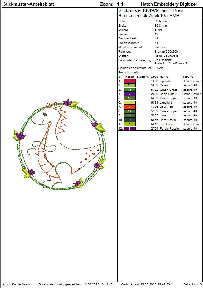 SD: Dino 1 Kreis Doodle Appli - 13er