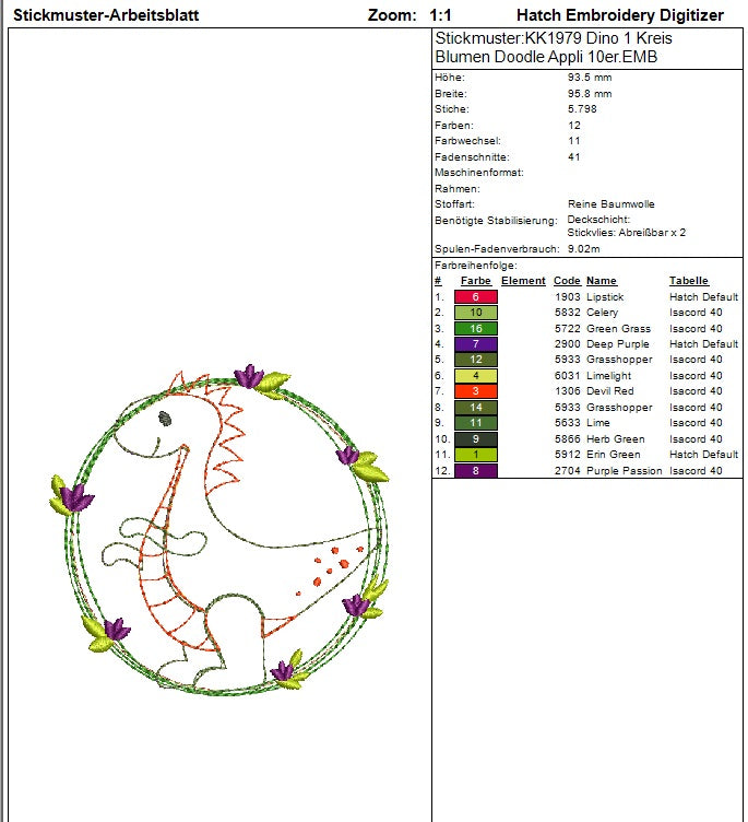 SD: Dino 1 Kreis mit Blumen Doodle Appli - 10er