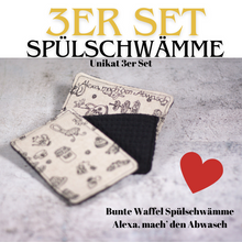 Laden Sie das Bild in den Galerie-Viewer, 🫖Bunte Waffel Spülschwämme 3er UNIKAT Set in Schwarz - TeeParty (9x13cm) + Spende