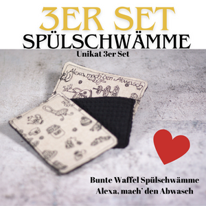 🫖Bunte Waffel Spülschwämme 3er UNIKAT Set in Schwarz - TeeParty (9x13cm) + Spende