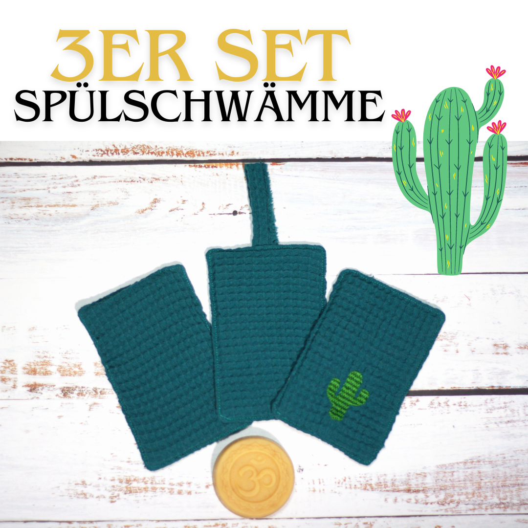 🌵Bunte Waffel Spülschwämme 3er UNIKAT Set in Petrol - Kaktus (9x14cm) + Spende