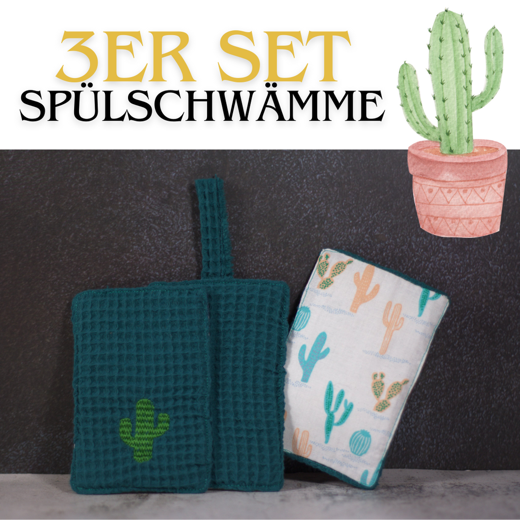 🌵Bunte Waffel Spülschwämme 3er UNIKAT Set in Petrol - Kaktus (9x14cm) + Spende