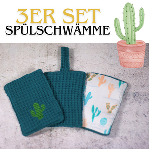 🌵Bunte Waffel Spülschwämme 3er UNIKAT Set in Petrol - Kaktus (9x14cm) + Spende