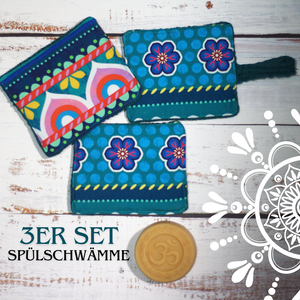 Bunte Mandala Waffel Spülschwämme (Farbe wählbar) 3er-Sets in Petrol - Bine Brändle (10x12cm) + Spende