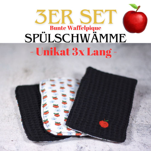 🍎Bunte Waffel Spülschwämme 3er -Unikat- Set (lang) in Schwarz (16x7cm) + Spende