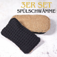 Laden Sie das Bild in den Galerie-Viewer, Jute Spülschwämme UNIKAT 3er-Set in Schwarz (11x6cm) + Spende