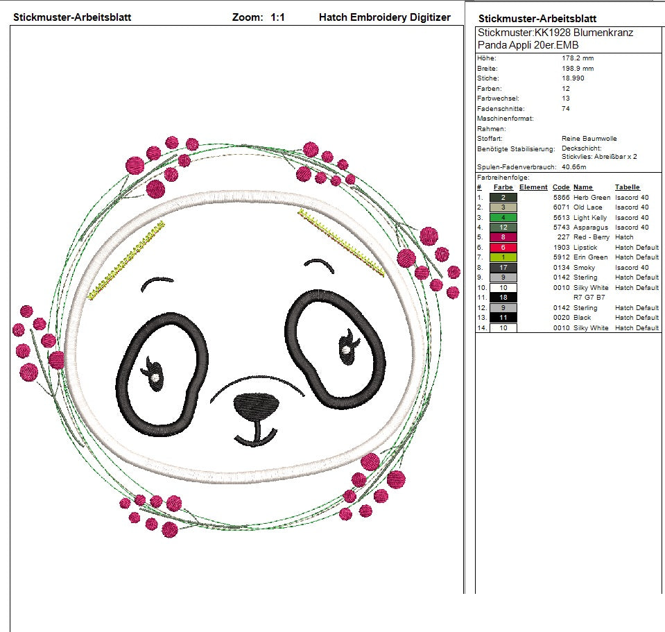 SD: Panda Blumenkranz ITH Appli 20er